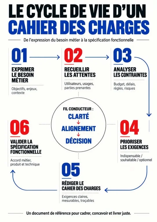 Schéma du cycle de vie d'un cahier des charges pour un projet
