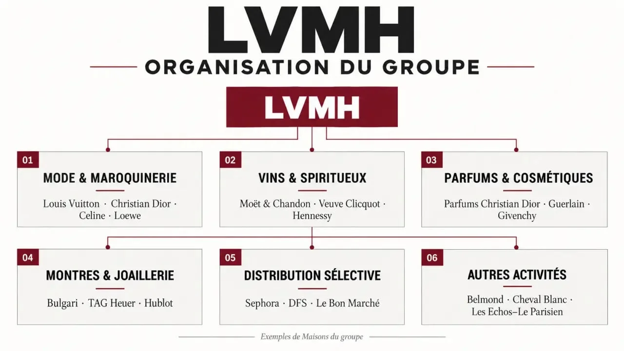 Infographie sur les filiales LVMH et les six pôles des Maisons du groupe