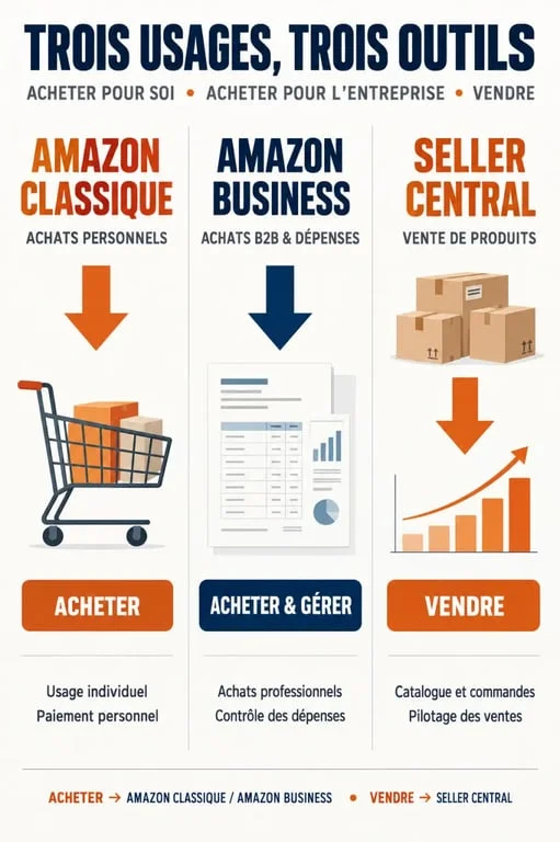 Infographie Amazon Business, souvent recherché sous « amazone business », comparé à Amazon classique et Seller Central