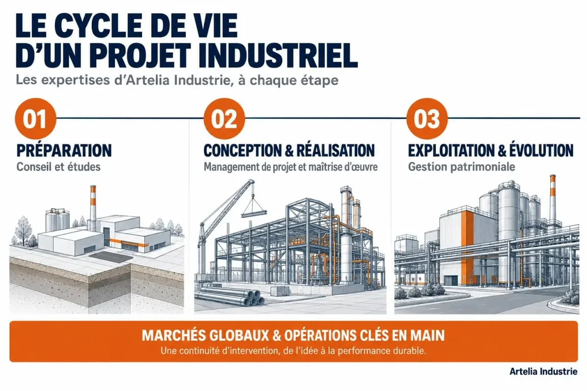 Artelia Industrie : infographie des prestations selon le cycle de vie d’un projet industriel