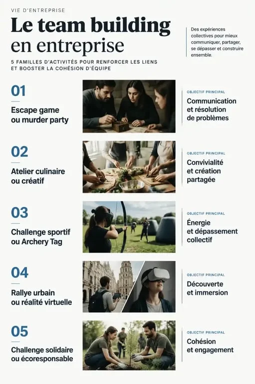 Infographie teambulding présentant les activités de cohésion d’équipe et leurs objectifs
