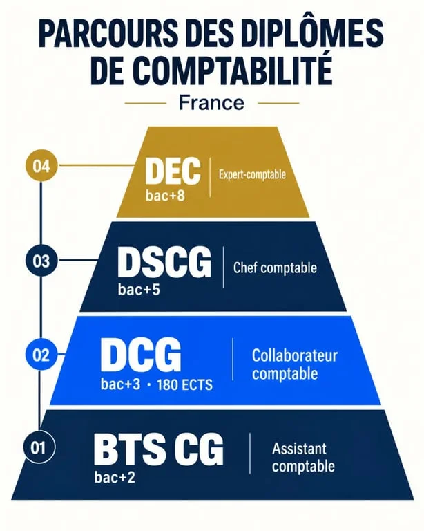 Infographie des diplômes de comptabilité du BTS au DEC avec les niveaux bac+2 à bac+8