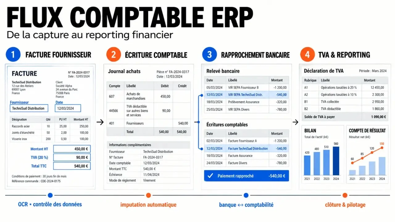 Schéma du flux odoo comptabilité de la facture au rapport financier