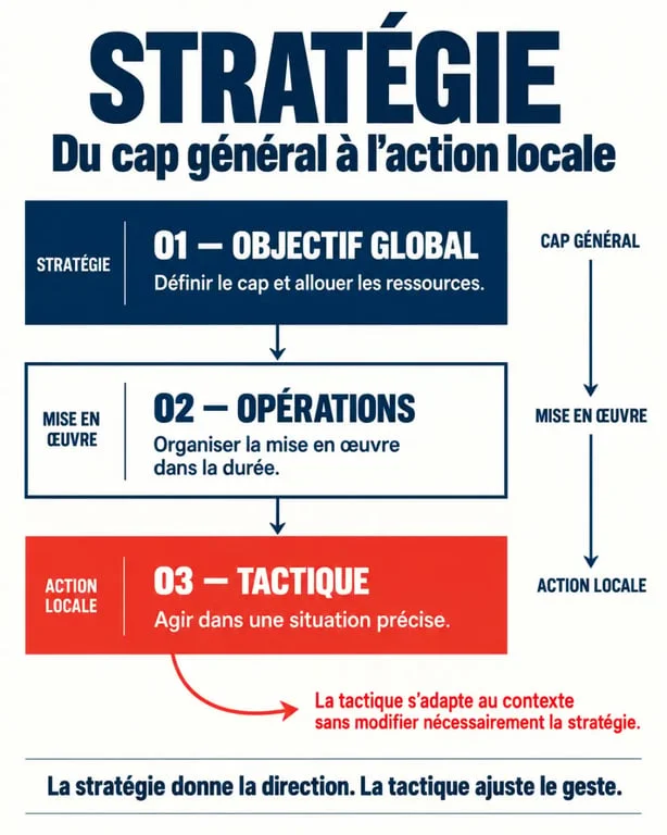 Infographie de stratégie définition et différence entre stratégie, opérations et tactique