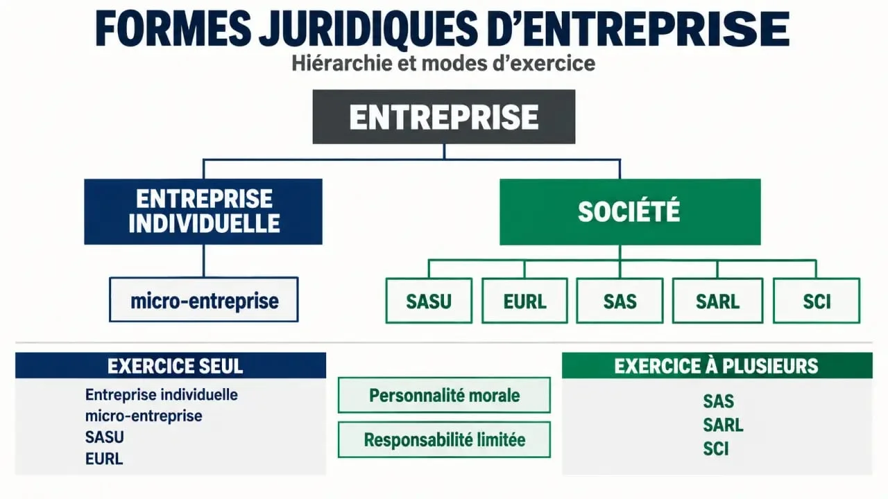 Schéma du statut juridique def : entreprise individuelle et principales formes de société
