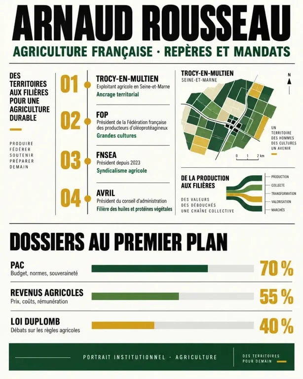 Infographie sur Arnaud Rousseau, ses fonctions à la FNSEA, à la FOP et chez Avril