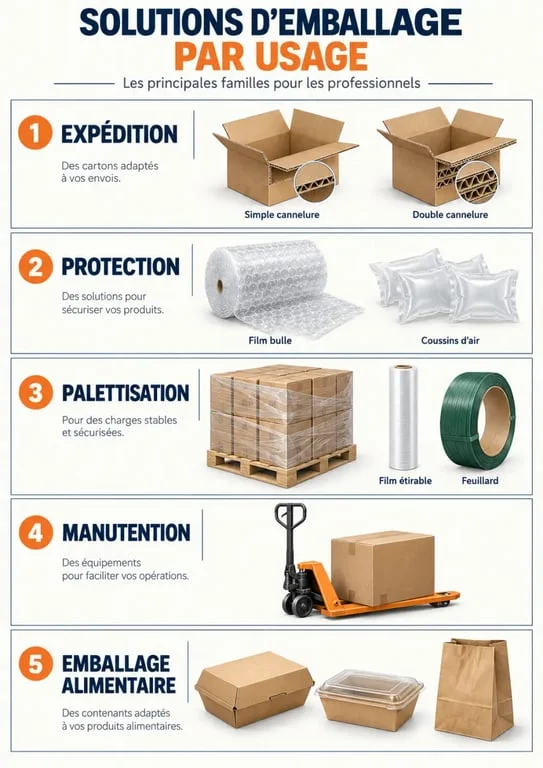 RAJA Group : infographie des solutions d’emballage, de palettisation et de manutention pour les entreprises