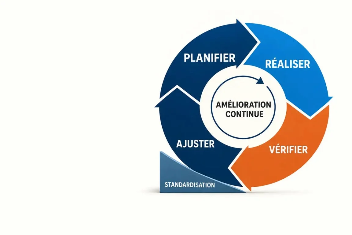 Roue du cycle Plan Do Check Adjust PDCA avec les quatre étapes de l'amélioration continue