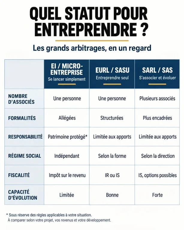 Visuel comparatif sur le statut juridique des entreprises et les principaux arbitrages entre EI, EURL, SASU, SARL et SAS
