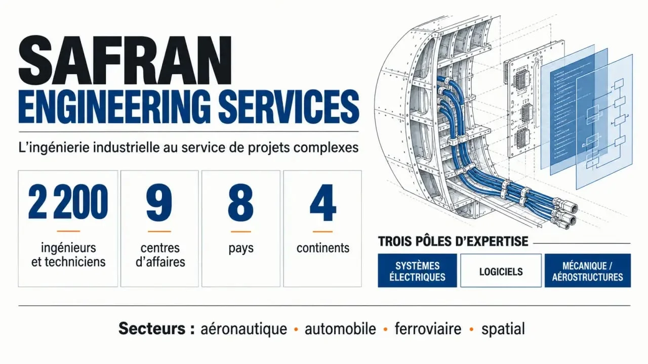 Safran Engineering Services : synthèse visuelle des expertises, des effectifs et de l’implantation internationale
