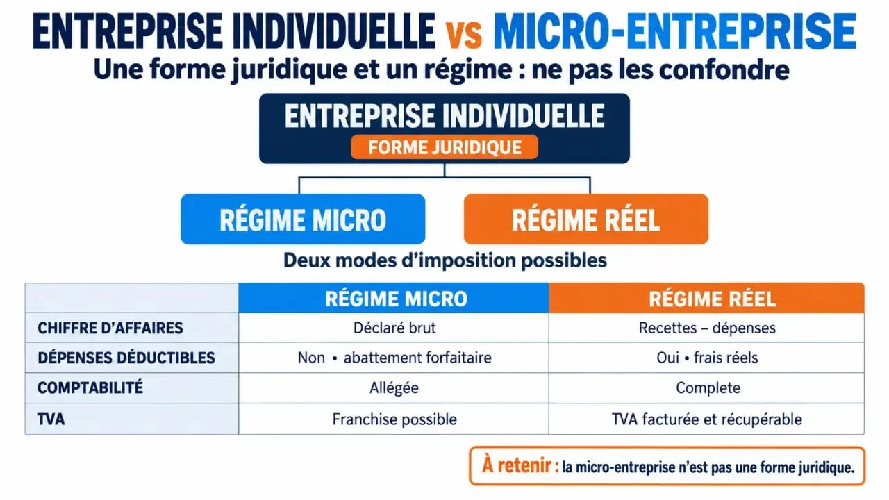 Infographie entreprise individuelle micro entreprise : différences entre régime micro et régime réel